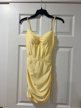 Yellow Ruched Mini Dress - Women's Spaghetti Strap
